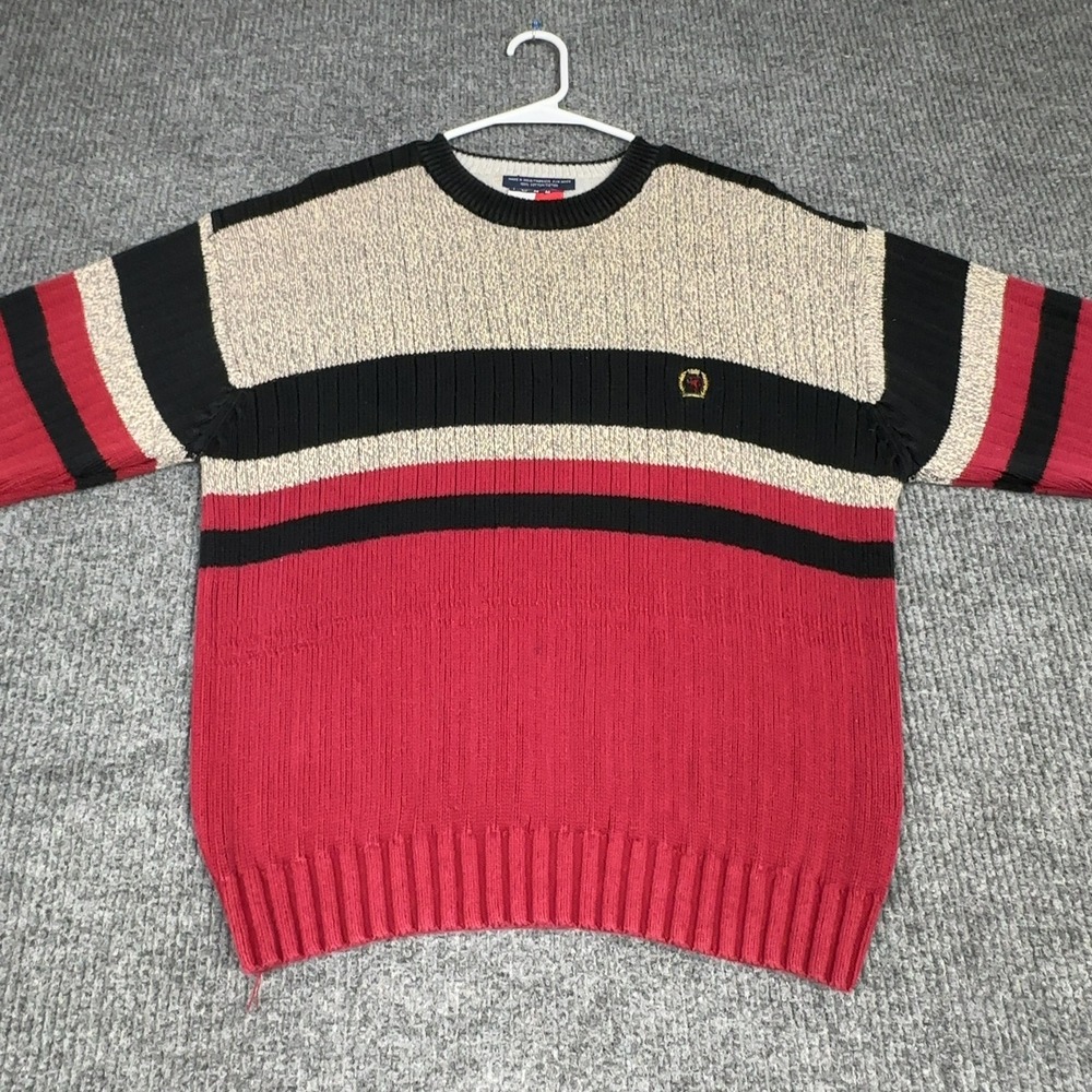 Vintage Tommy Hilfiger Sweater Mens S Red Colorblock Knit Cotton Crewneck Stripe